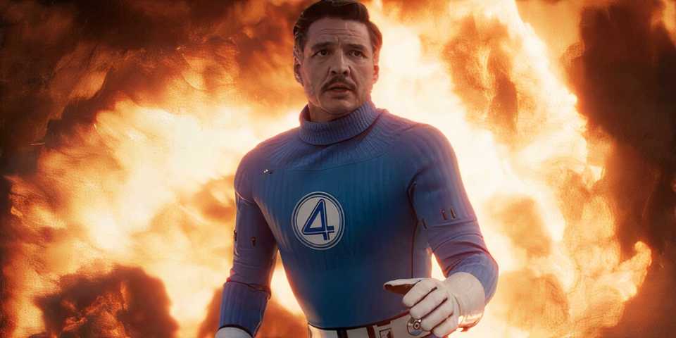 Pedro Pascal as Reed Richards in the MCU with a giant explosion in the background