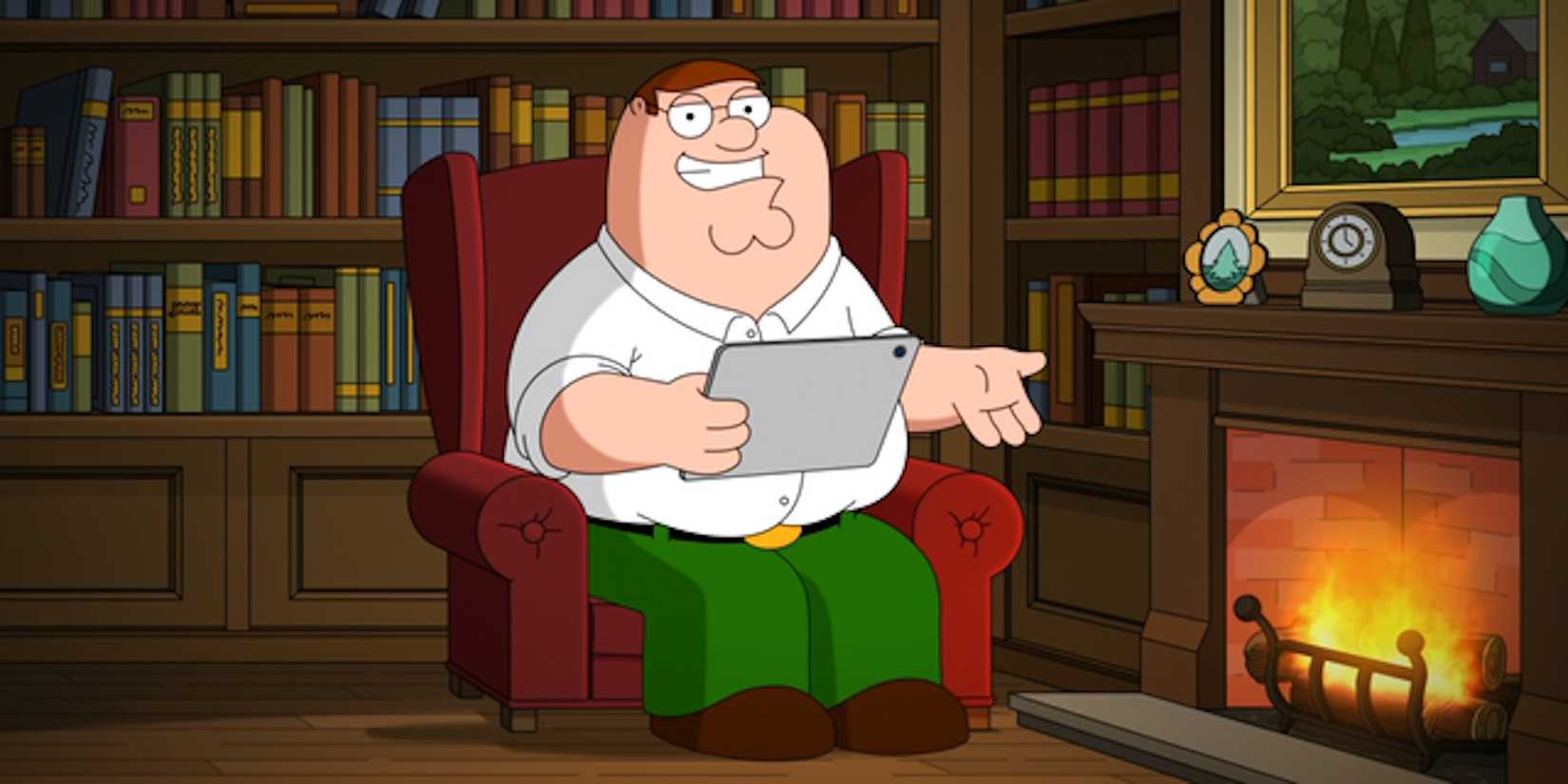 Peter sentado à beira da lareira com um iPad em Family Guy, temporada 23