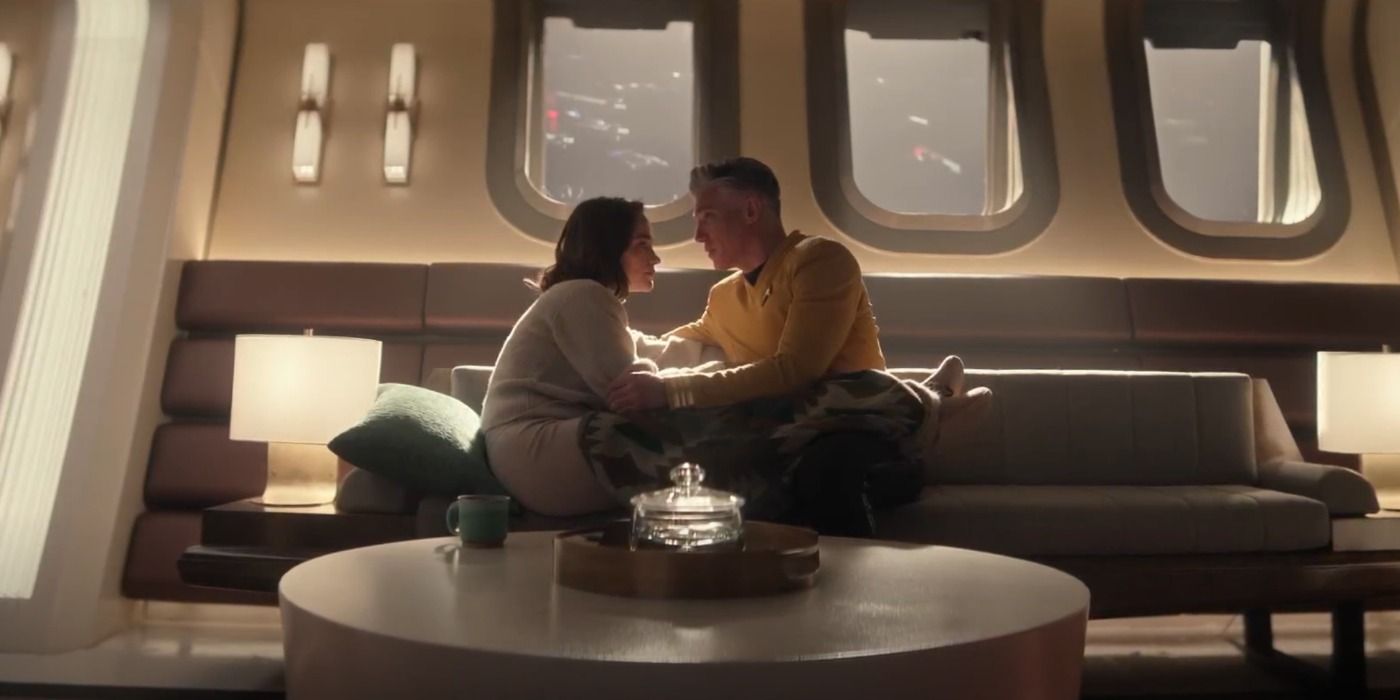 Pike and Batel sit together in Pike's quarters in Star Trek Strange New Worlds season 3