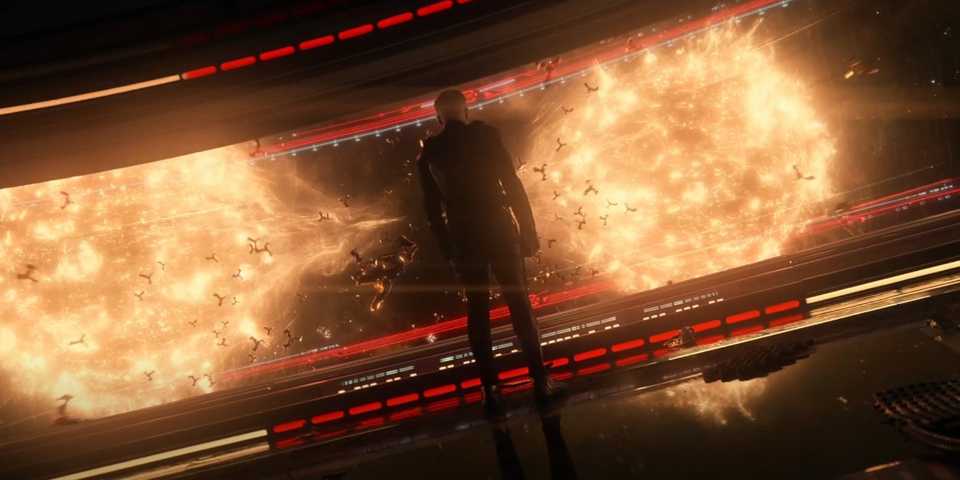 Pike looking through the Enterprise viewscreen at two stars and lots of Gorn ships in Star Trek Strange New Worlds Hegemony Part II