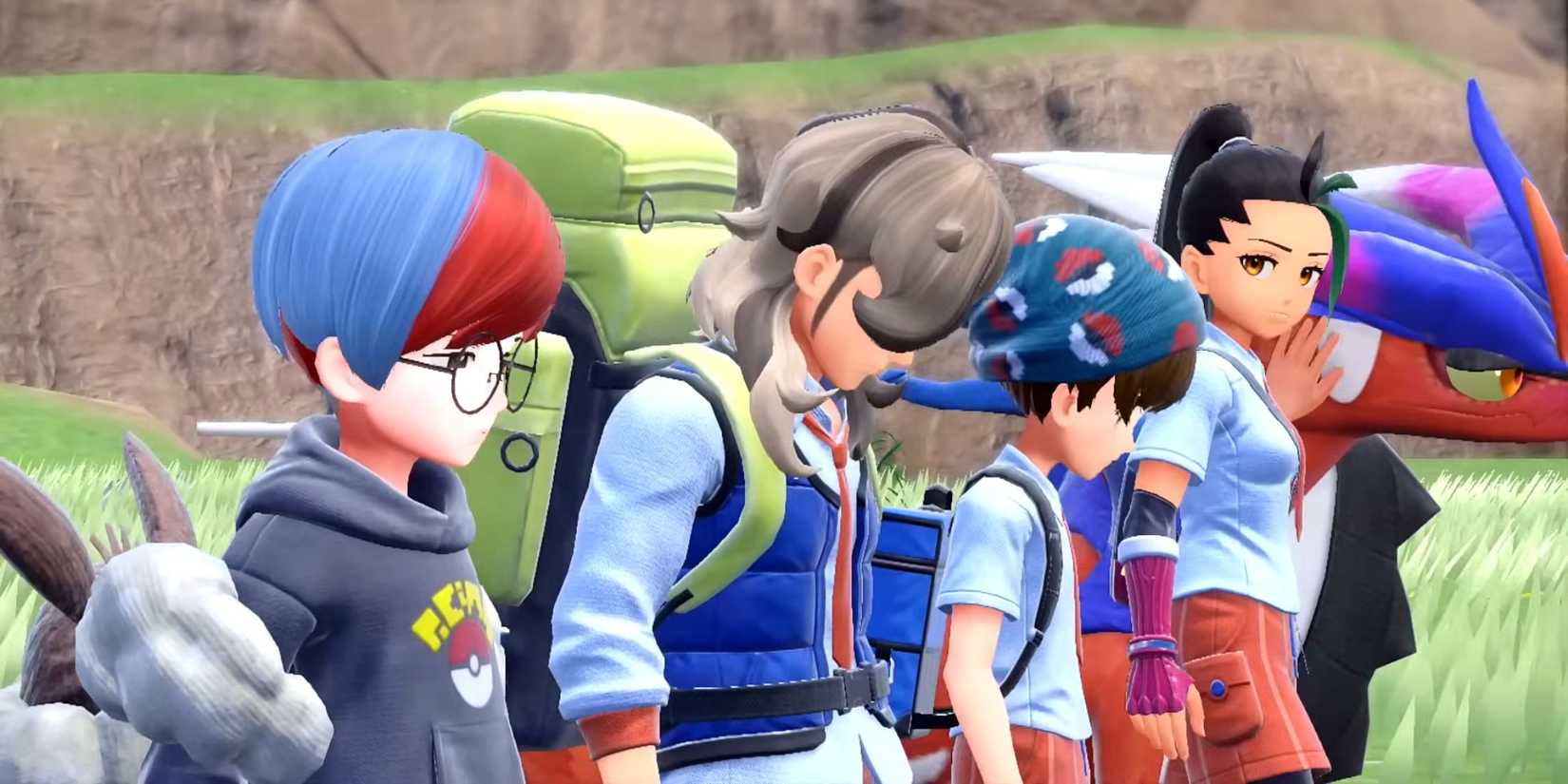Player, Penny, Arven, and Nemona walking in Pokemon Scarlet while looking sad.