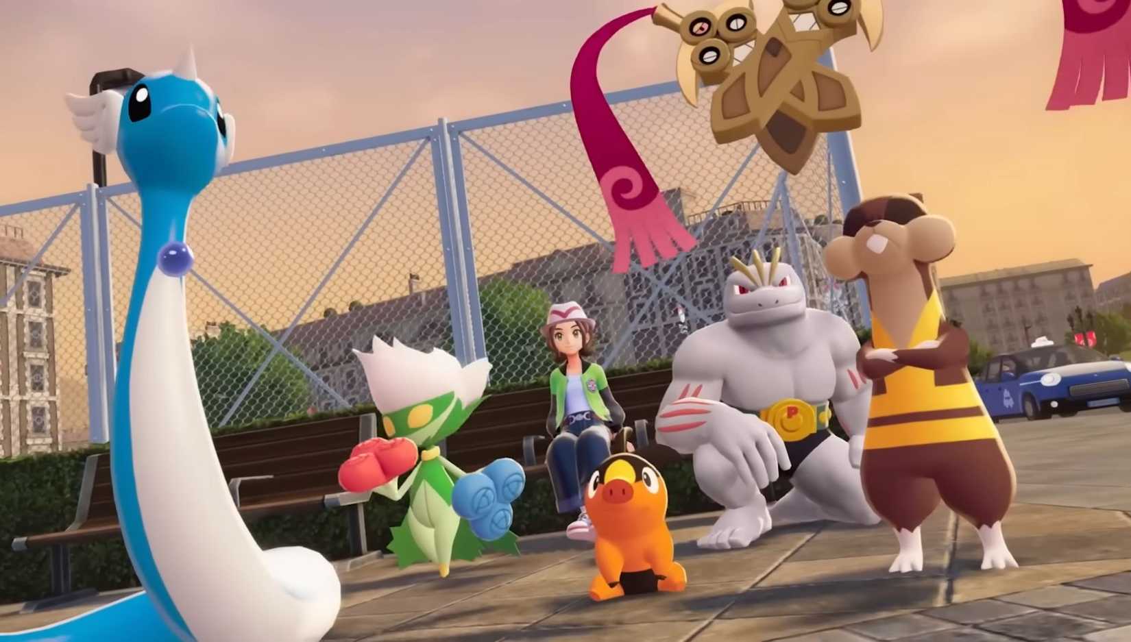 Player sitting on a bench in Pokemon Legends Z-A with Pokemon surrounding it. Specifically Dragonair, Watchhog, Tepig, Machoke, Roserade, and Dublade