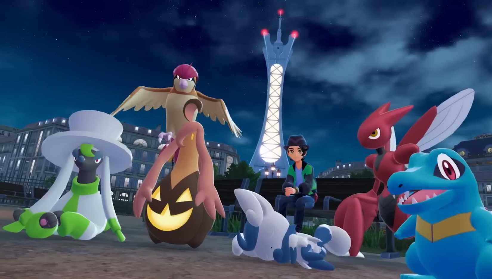 Игрок в Pokémon Legends Z-A сидит на скамейке с командой разнообразных Pokémon