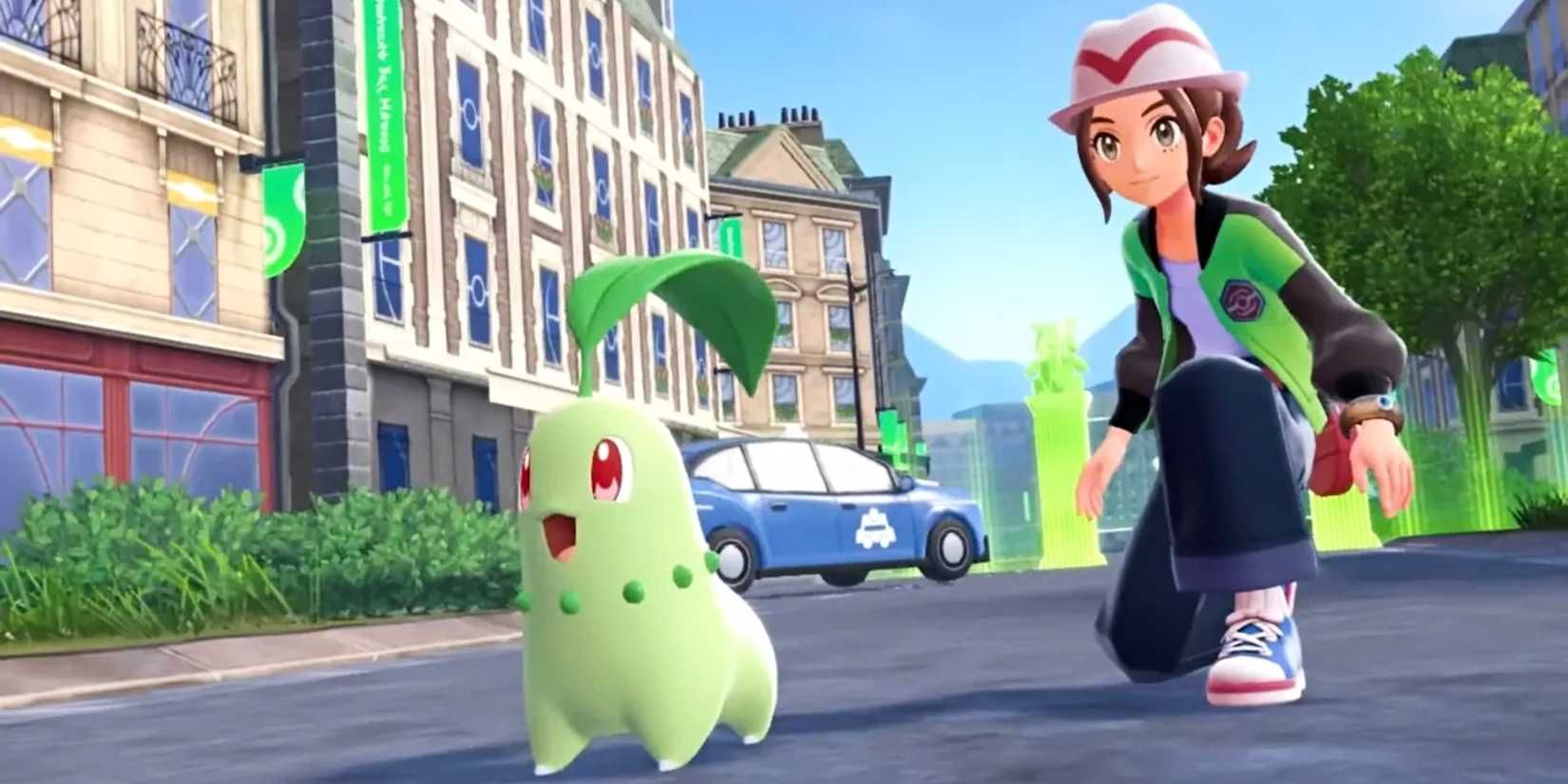 Pokemon Legends Za's Chikorita is in combat, ordered by a coach behind.