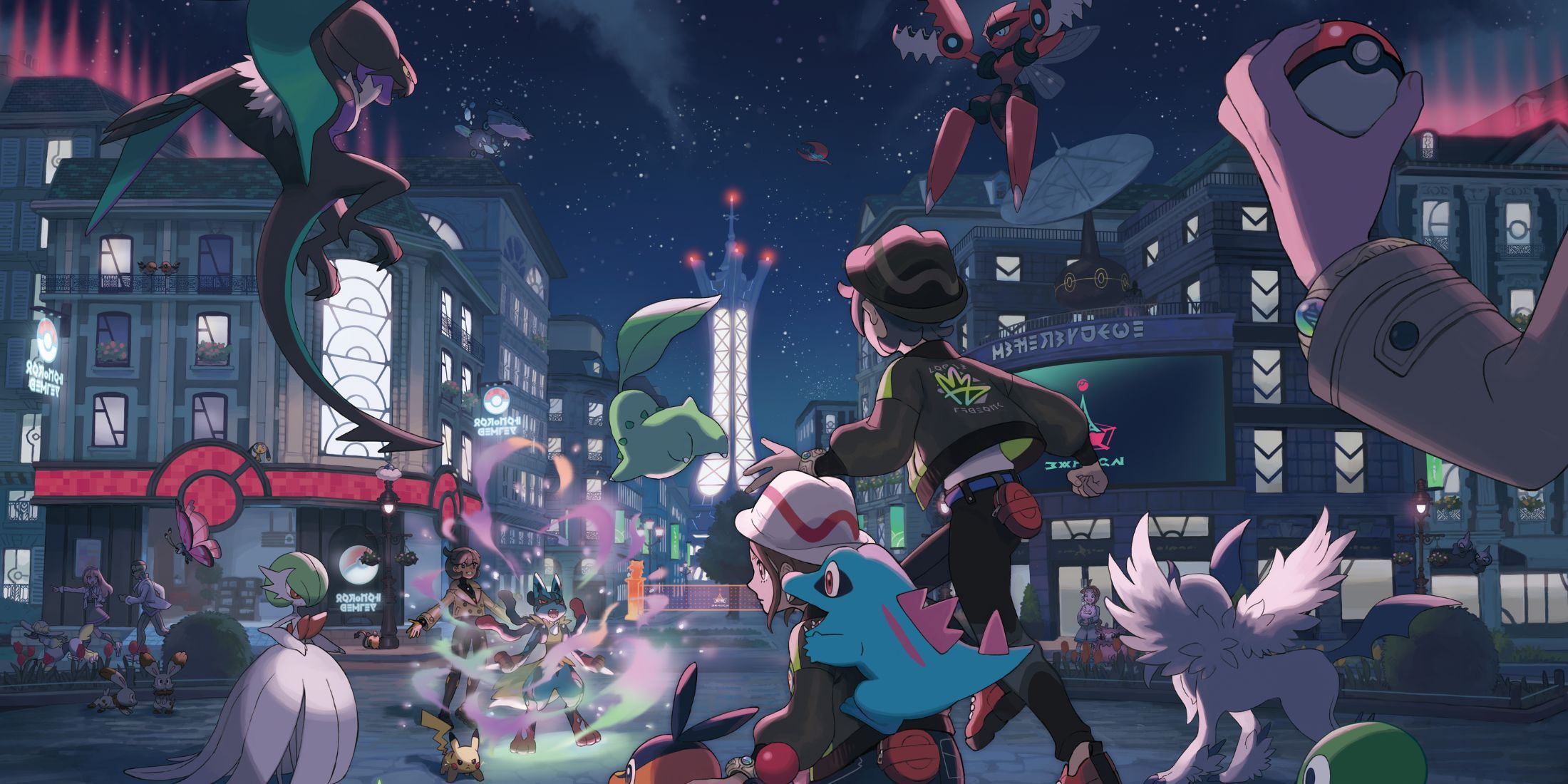 Pokemon Legends Z-A cover art showing players surrounded by pokemon in a dark city setting