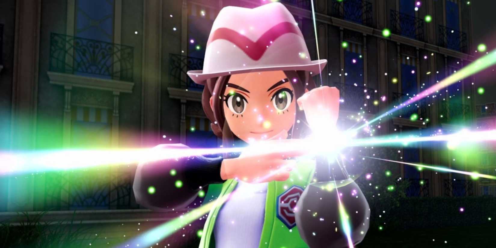 Pokemon Legends Z-A trainer holding up their wrist to activate a Mega evolution wristband.