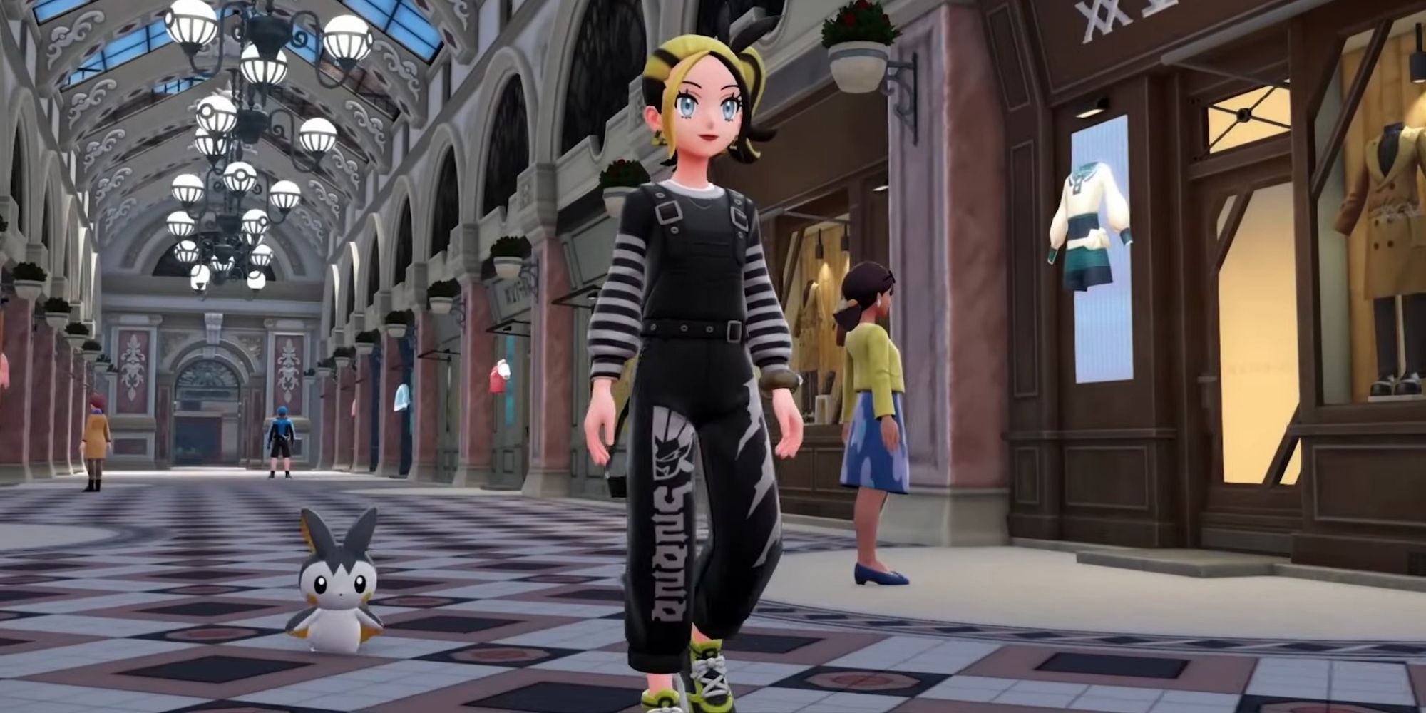 A Pokemon Legends Z-A Trainer walking with Emolga in Lumiose City.