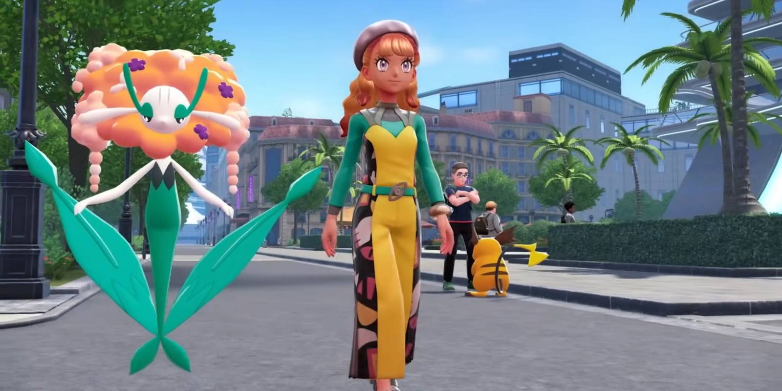 Un allenatore di Pok&eacute;mon Legends Z-A cammina con Orange Florges a Lumiose City.