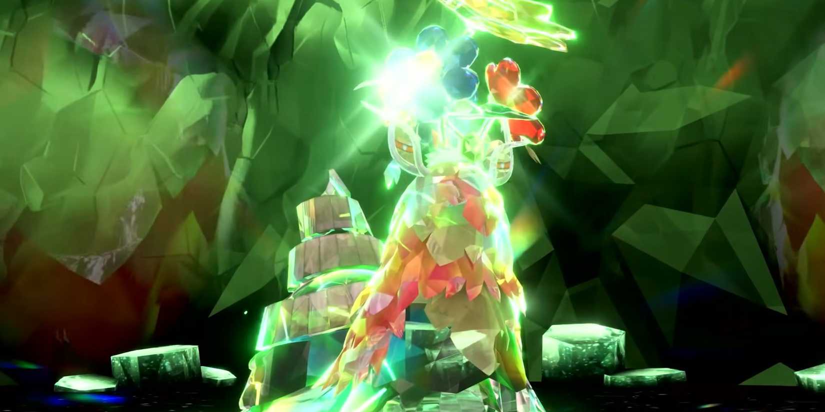 Shiny Wo-Chien in a Tera Raid cave in Pokemon Scarlet Violet.