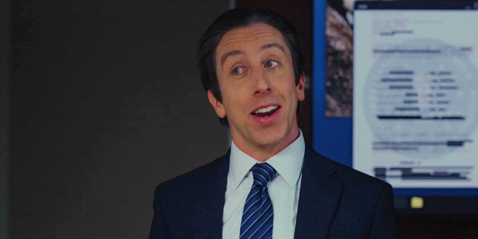 Simon Helberg's Luca talking enthusiastically during a presentation in Poker Face season 2 episode 12