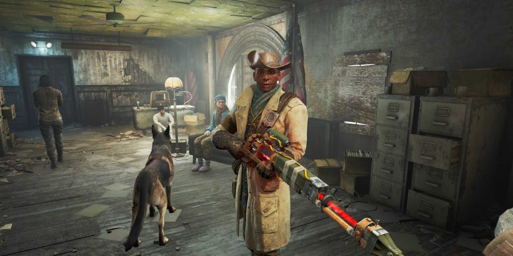10 Harsh Realities Of Playing Fallout 4 In 2026 4 Preston Garvey looking directly at the player with Dogmeat, mama Murphy and settlers in the background in Fallout 4
