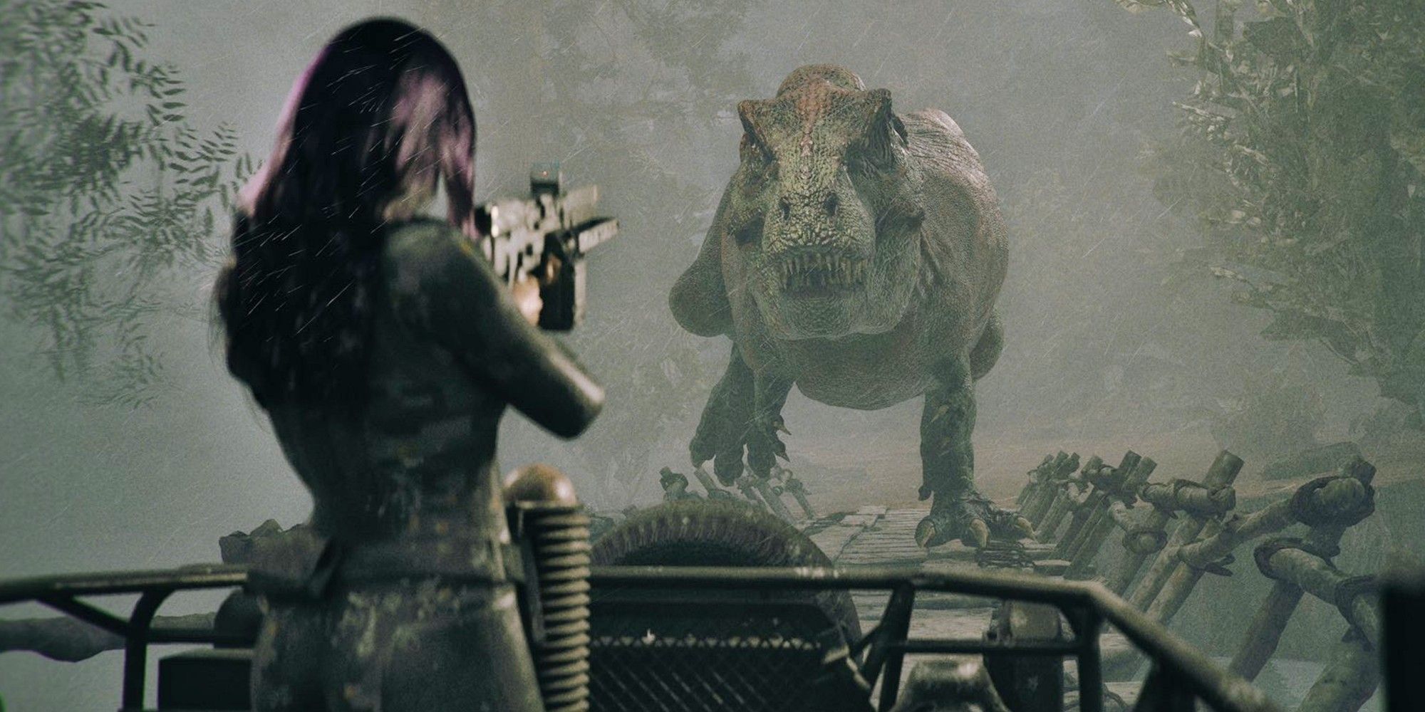 Project Violet screenshot showing protagonist taking aim at a dinosaur