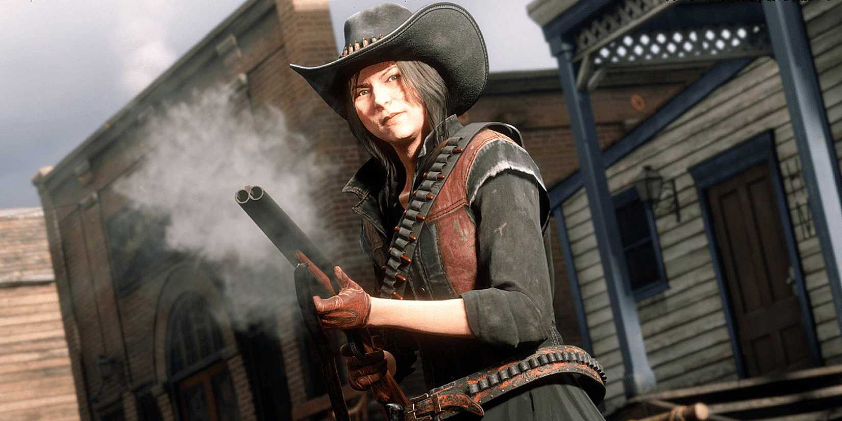 A woman holding a shotgun in a town in Red Dead Redemption Online.