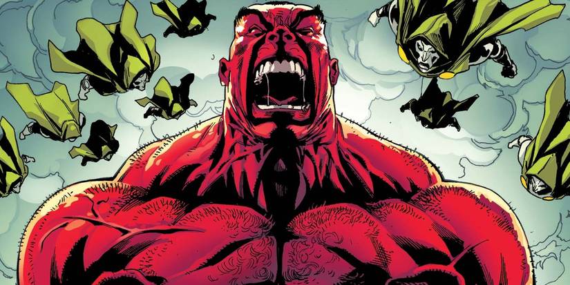 Red Hulk screams surrounded by Doctor Doom's Doombots