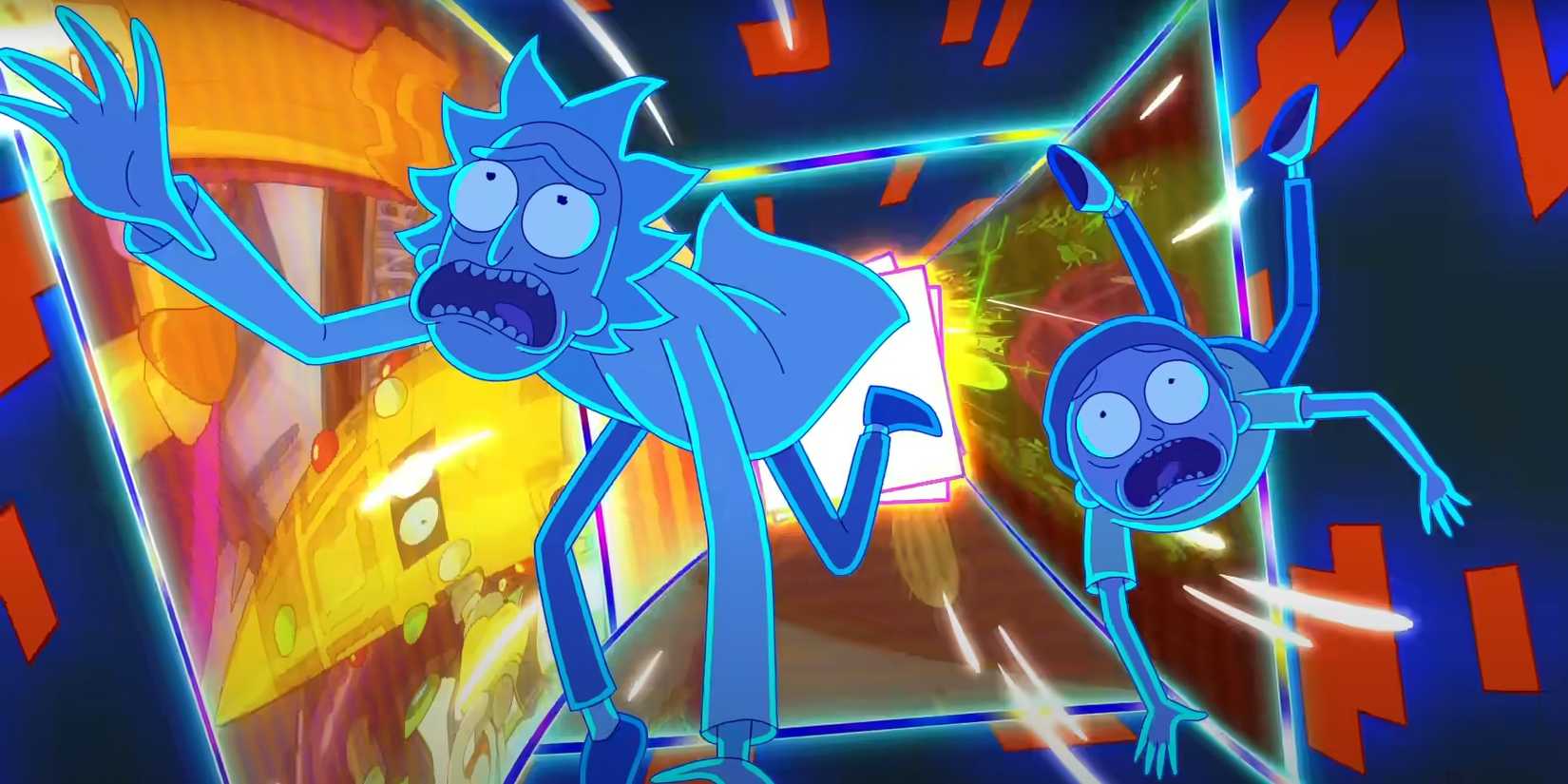 Rick and Morty looking concerned with images around them as they get sucked into the Movie-lizer