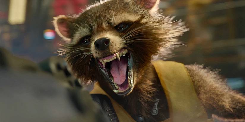Rocket Raccoon yells with his teeth exposed in Guardians of the Galaxy (2014)