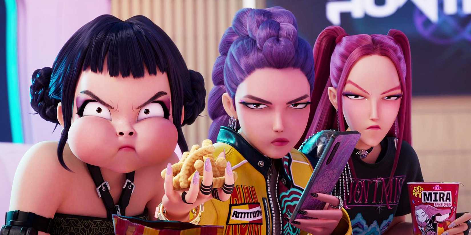 Zoey, Rumi, and Mira staring at the camera with various displeased expressions in KPop Demon Hunters