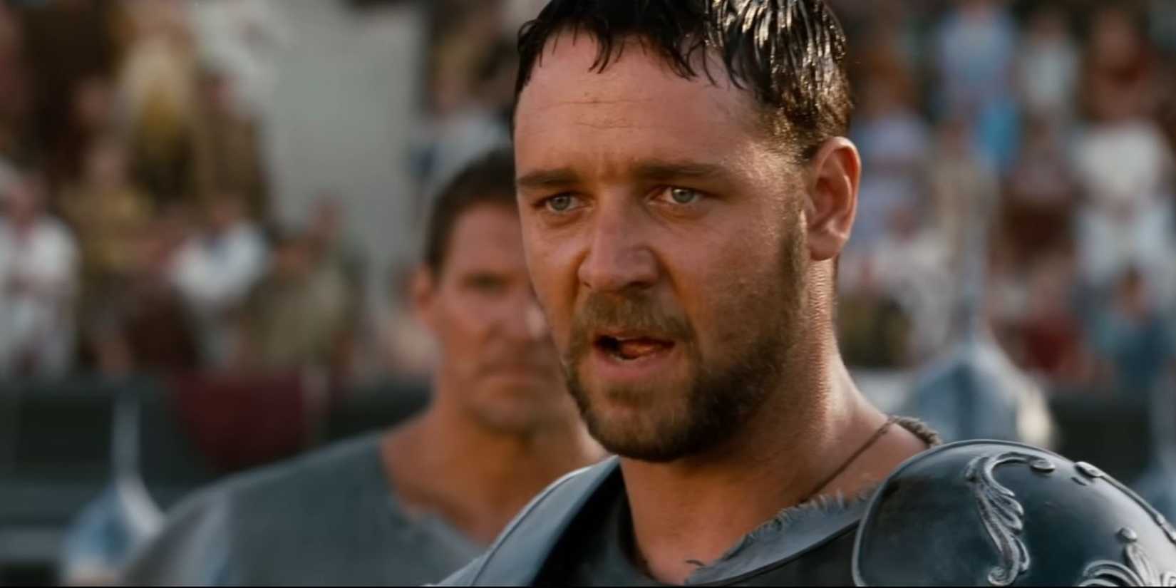 Russell Crowe as Maximus in the gladitorial ring in Gladiator