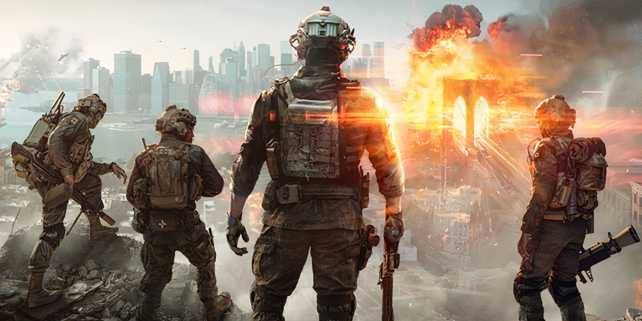 Several Battlefield characters watch as a bridge explodes in the distance.