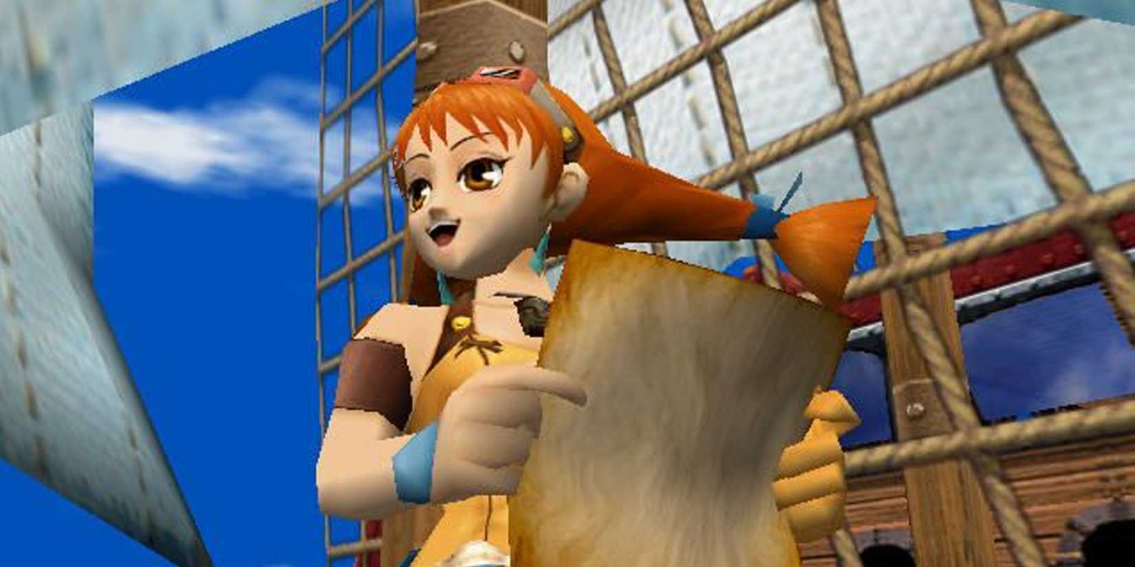 Skies of Arcadia Aika holding a map on a ship and smiling