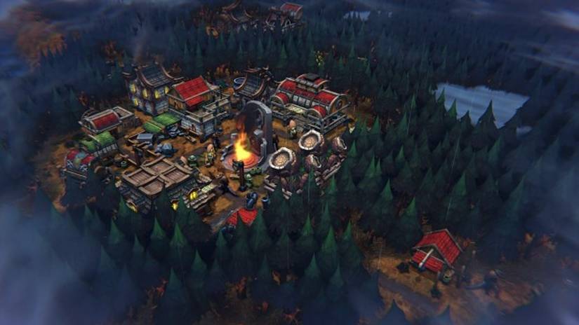 Small town in Against the Storm in the middle of a pine forest