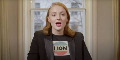 Real Housewives: Game of Thrones with Sansa Stark, aka Sophie Turner wearing a shirt that reads LION
