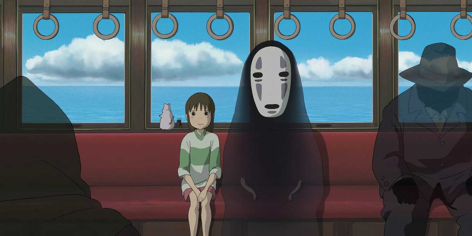 Chihiro sits on a train next to No Face in Spirited Away