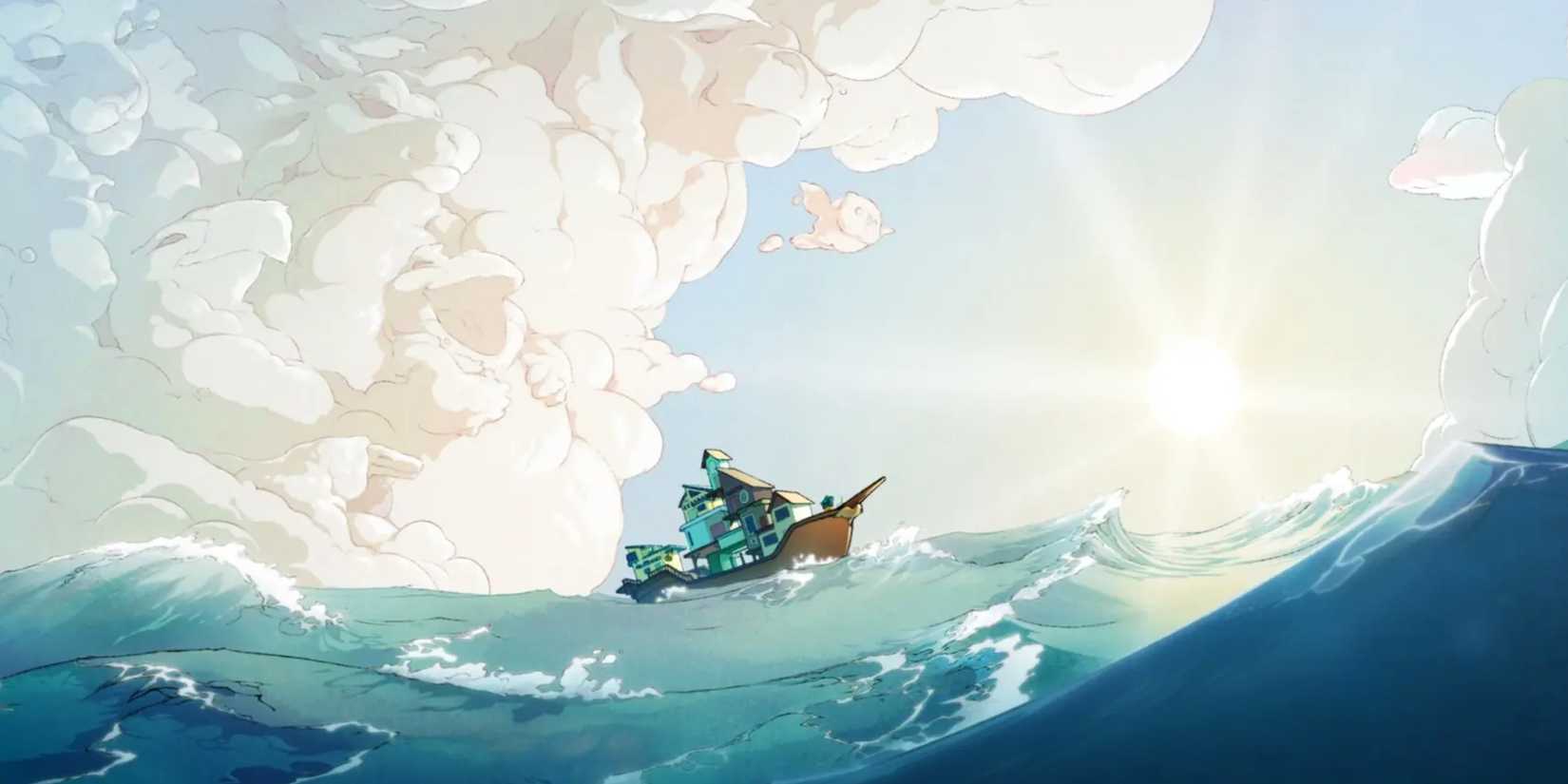 Spiritfarer ship sailing on blue waters with characters in the clouds