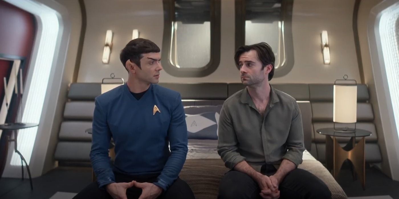 Spock and Dr. Korby looking at one another in Star Trek Strange New Worlds season 3