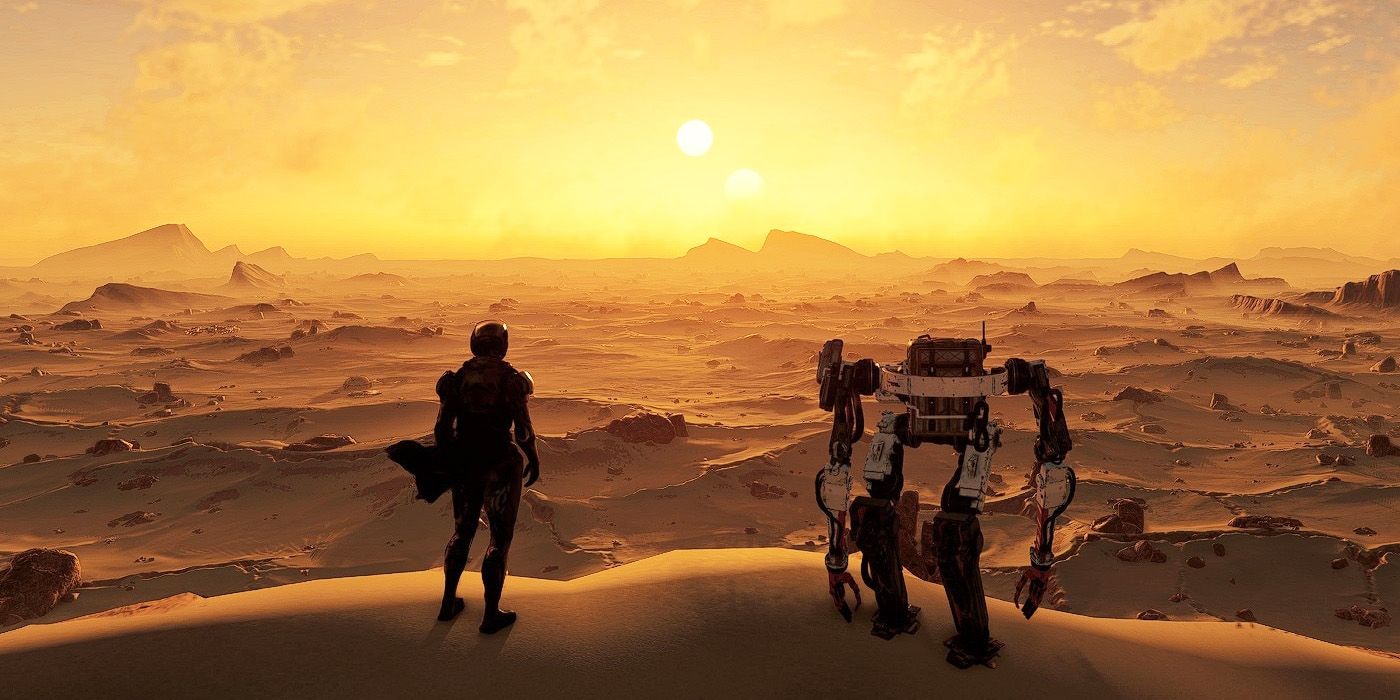 Starfield main character and robot companion staring out toward an unexplored desert planet.