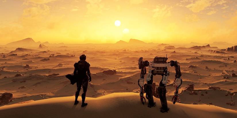 Starfield main character and robot companion staring out toward an unexplored desert planet.