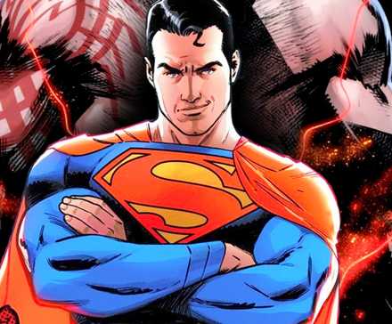 superman looking confident in front of a giant, muscular man