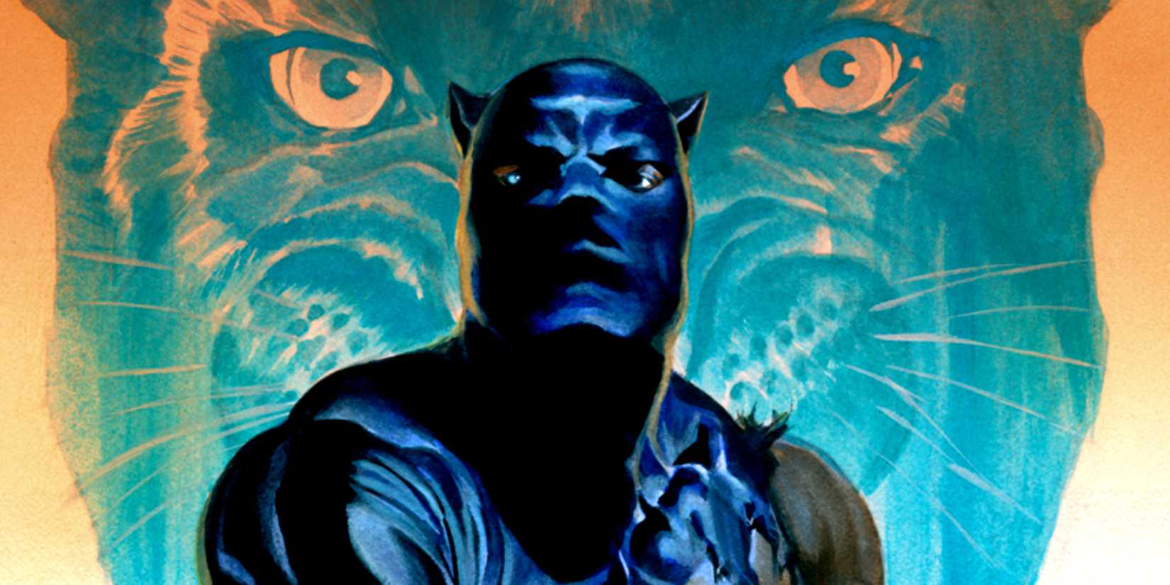 T'Challa wears the Black Panther suit and mask in front of the real animal in Marvel Comics cover by Alex Ross
