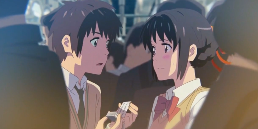 Taki and Mistuha meet on the train in Your Name
