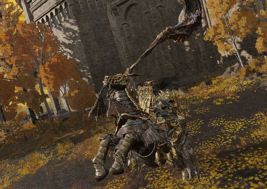 The Draconic Tree Sentinel from elden ring on a rearing horse