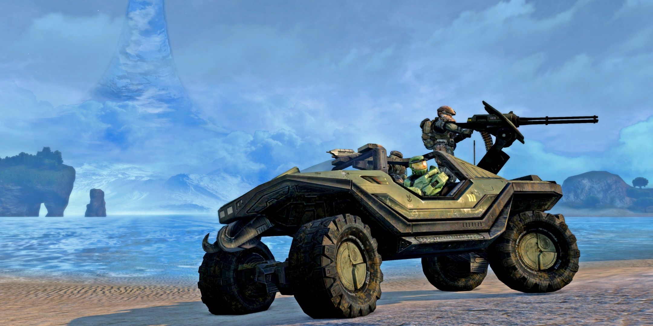 Master Chief in a warthog in Halo: Combat Evolved.