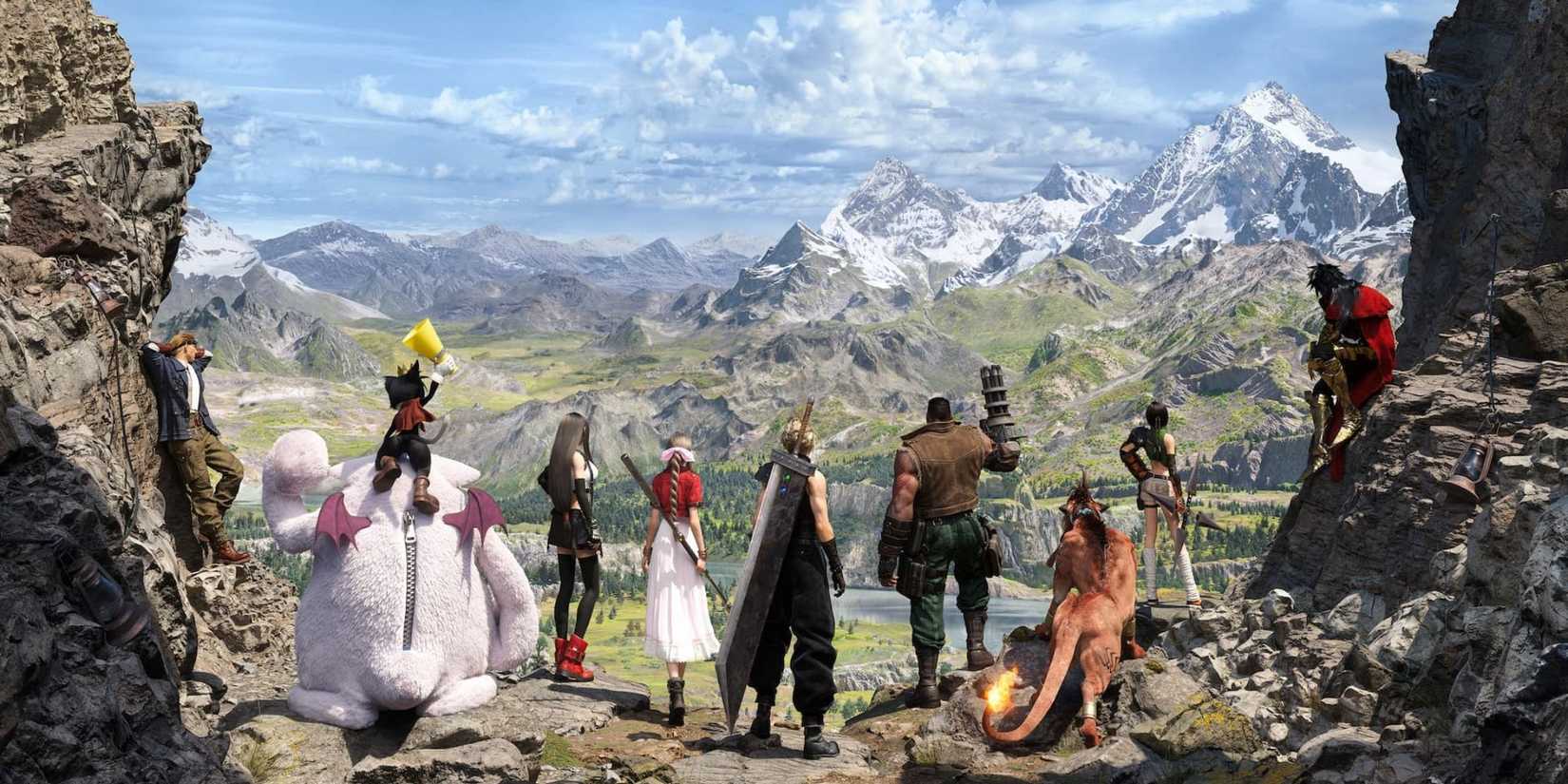 The party from FF7 Rebirth looking at a mountain range