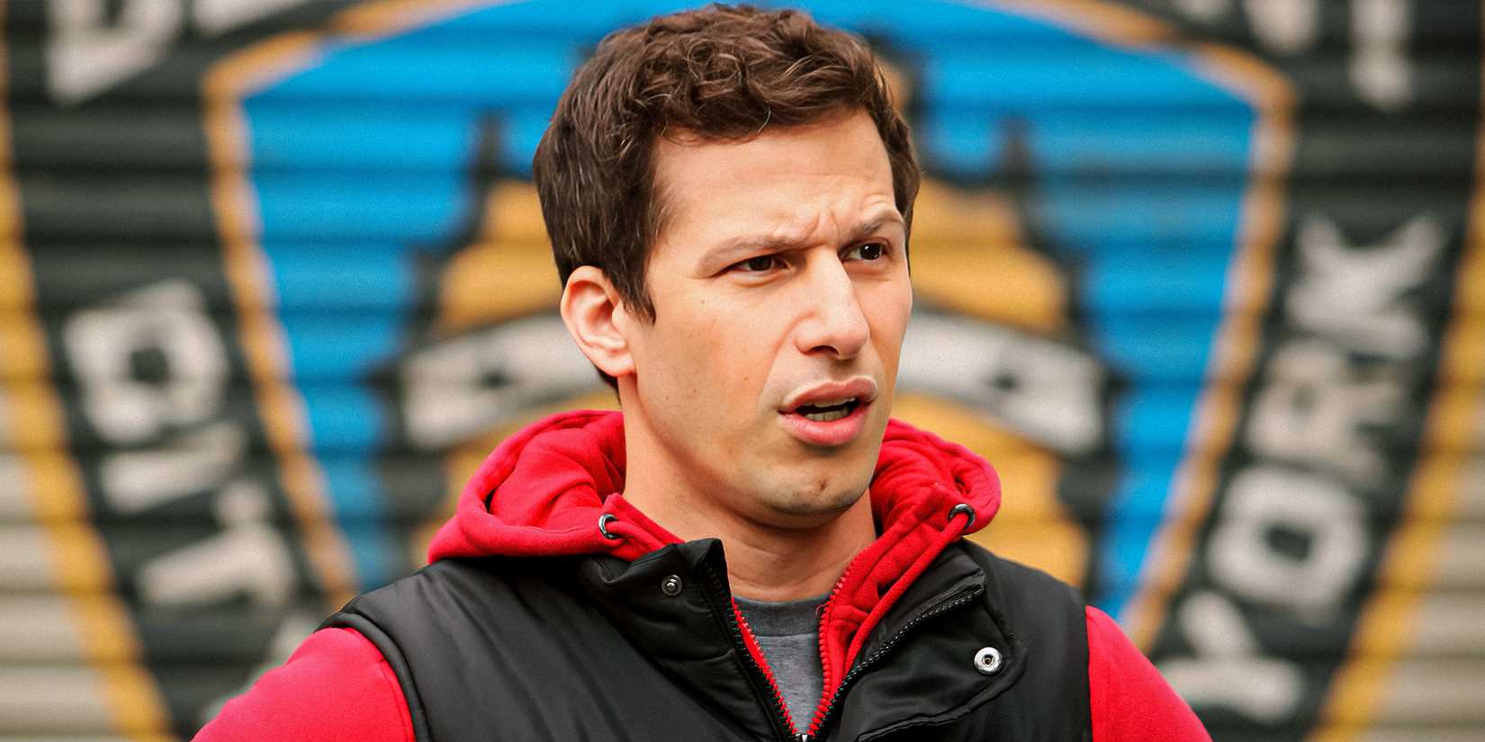 Andy Samberg looking confused as Jake Peralta in Brooklyn Nine-Nine