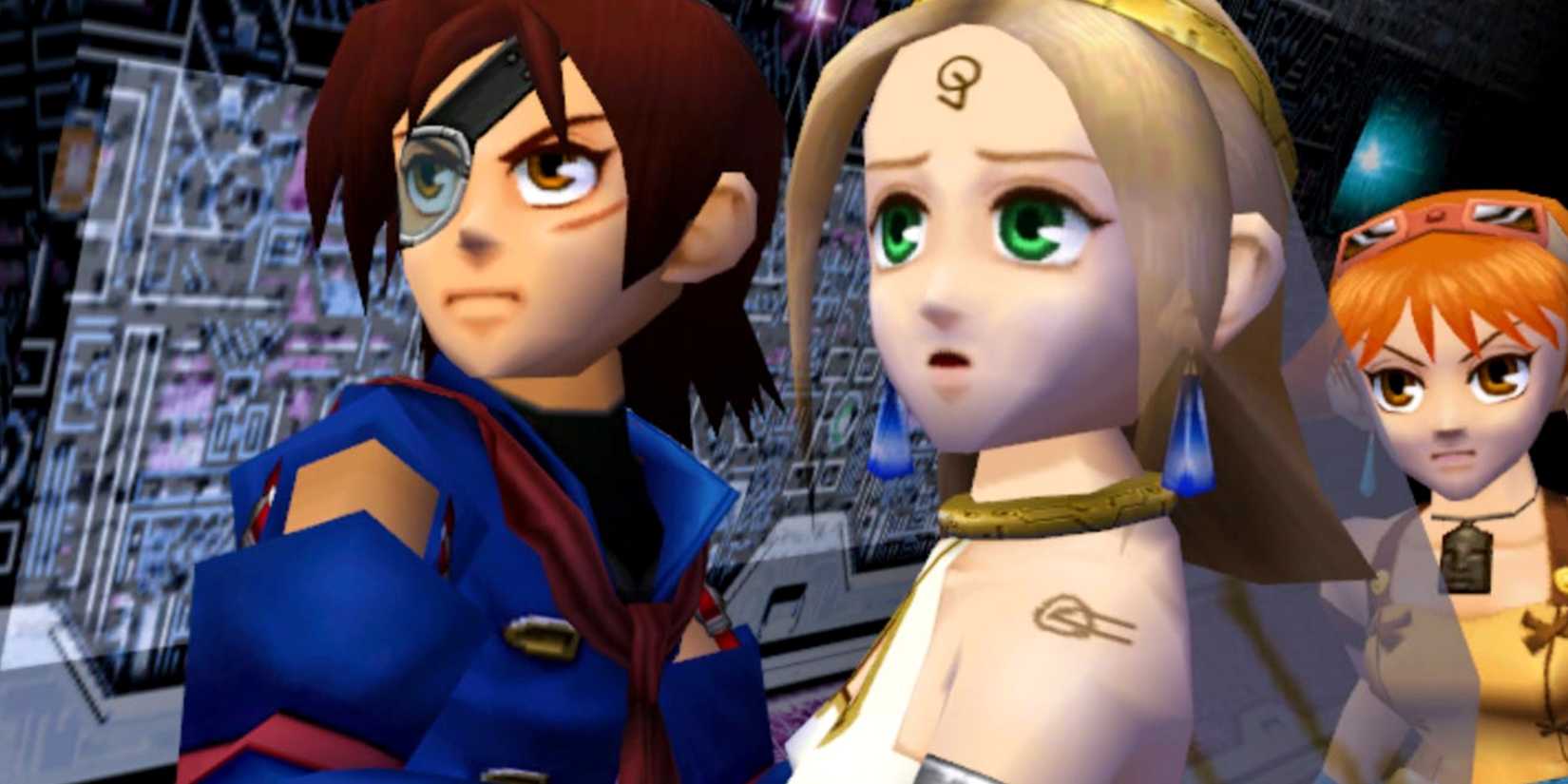 Three characters looking in fear out in the distance in Skies of Arcadia