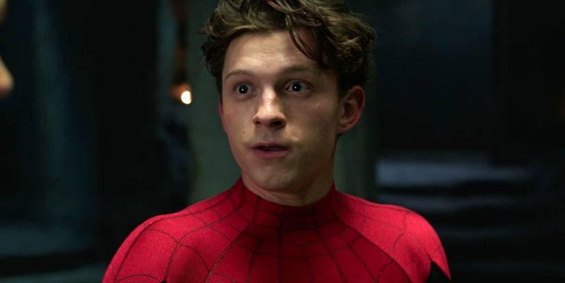 Tom Holland as Peter Parker with his eyes wide open in Spider-Man No Way Home