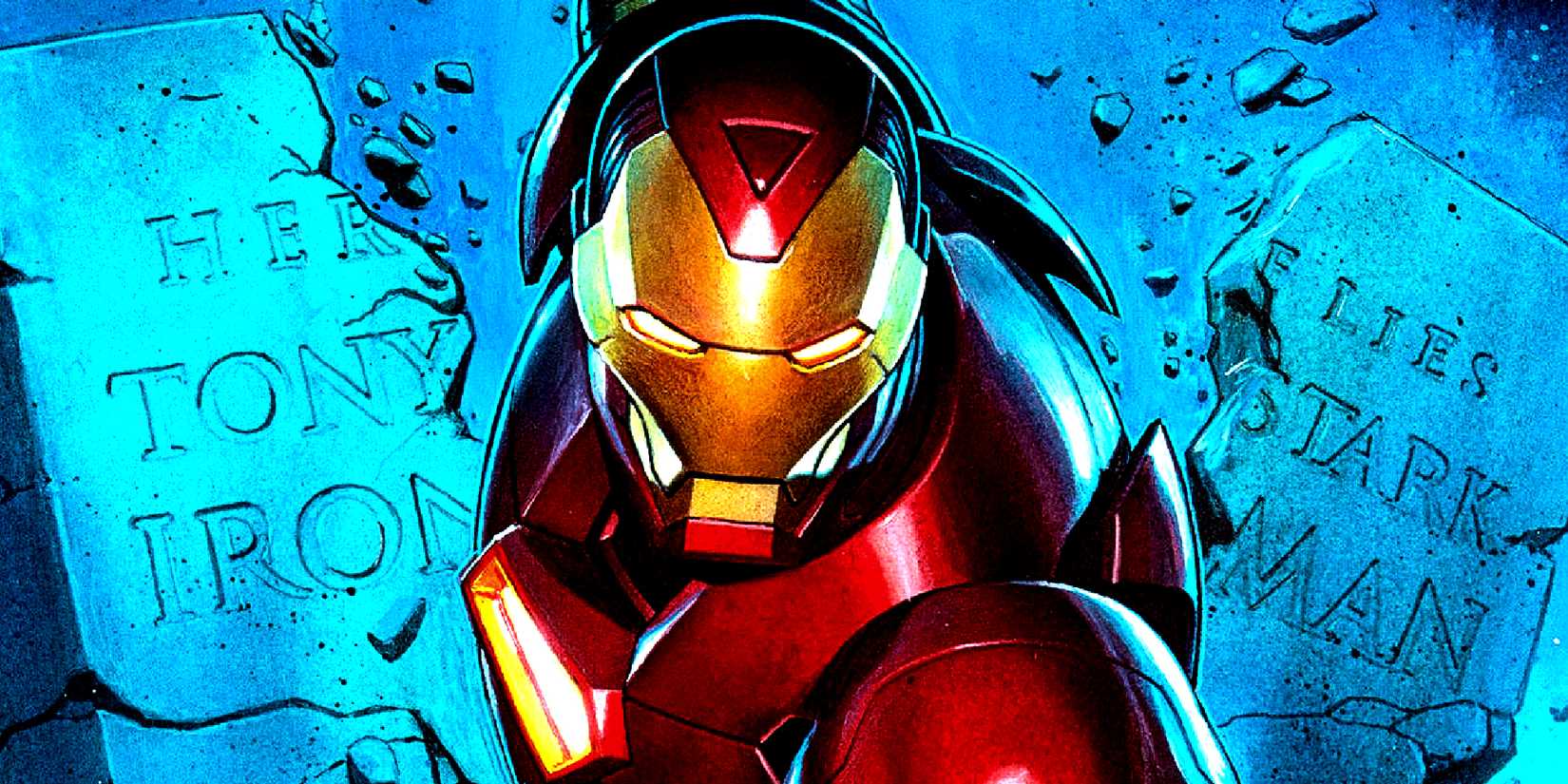 Tony Stark breaks his own tombstone with an Iron Man suit of armor in Marvel Comics