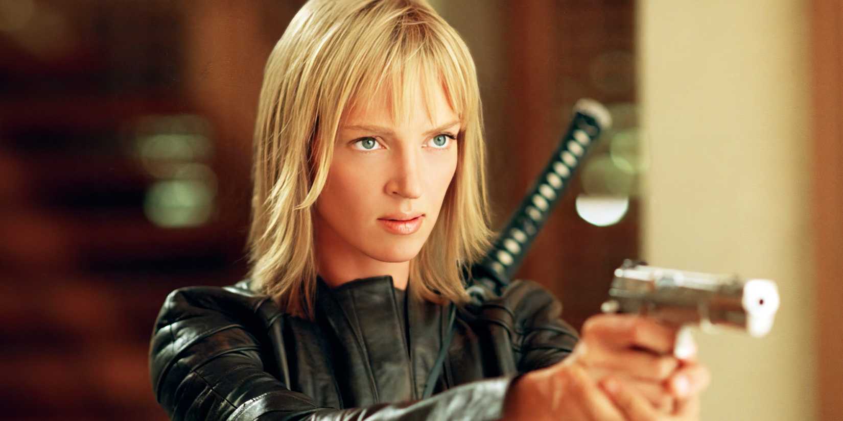 Uma Thurman holding a gun in Kill Bill Vol. 2