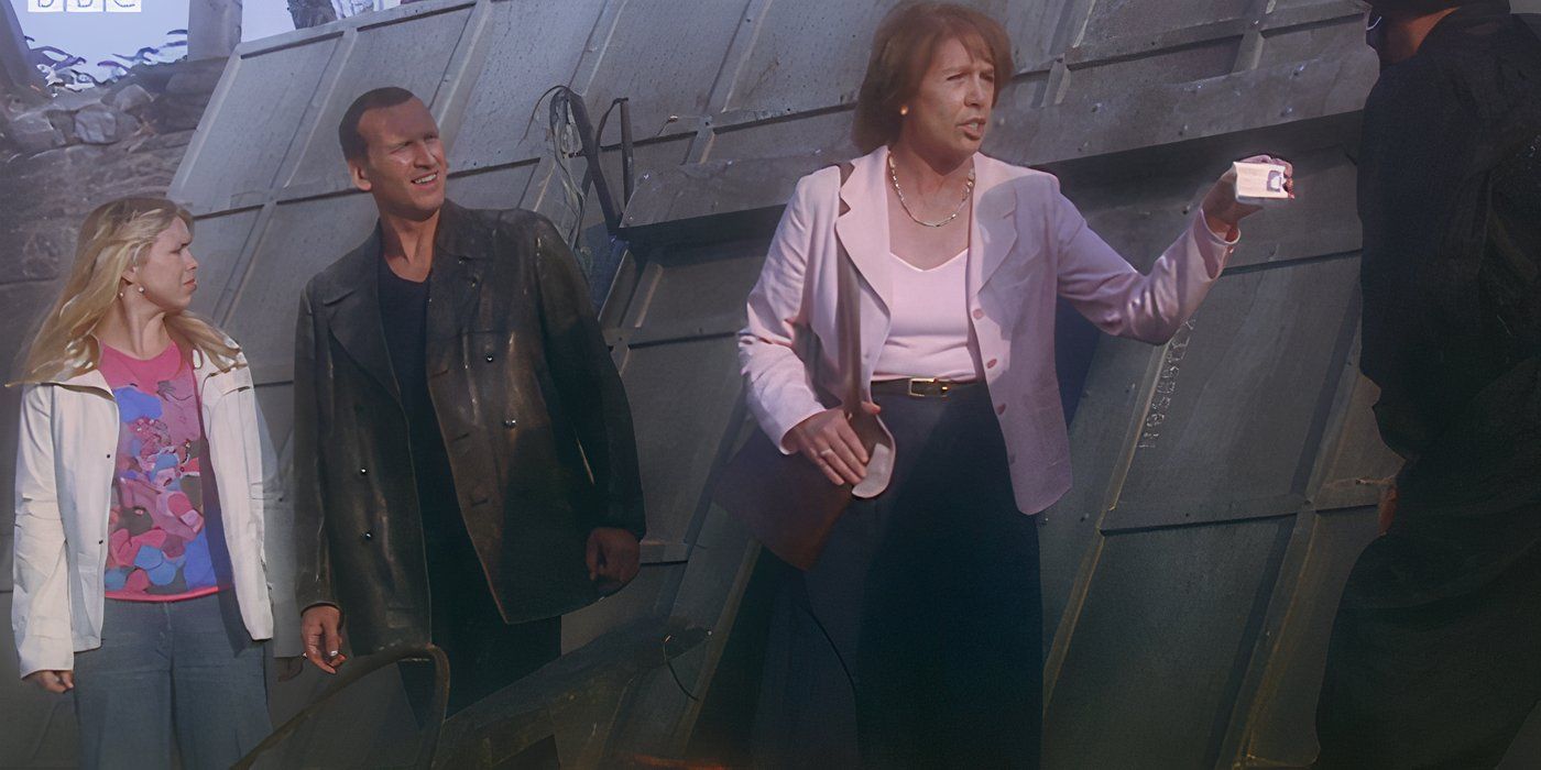 Harriet Jones showing her ID to a soldier as she, the Ninth Doctor, and Rose stand in the rubble of Downing Street in the Doctor Who episode 