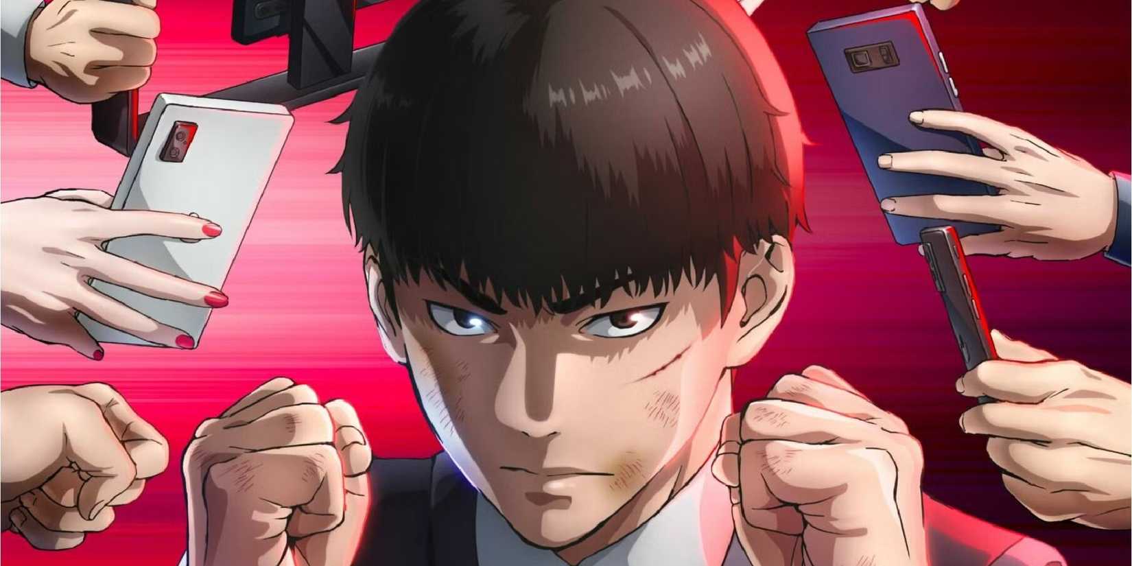 Viral Hit's main character looking dirty and with a cut on his face, holding up his hands as people film him with their phones.