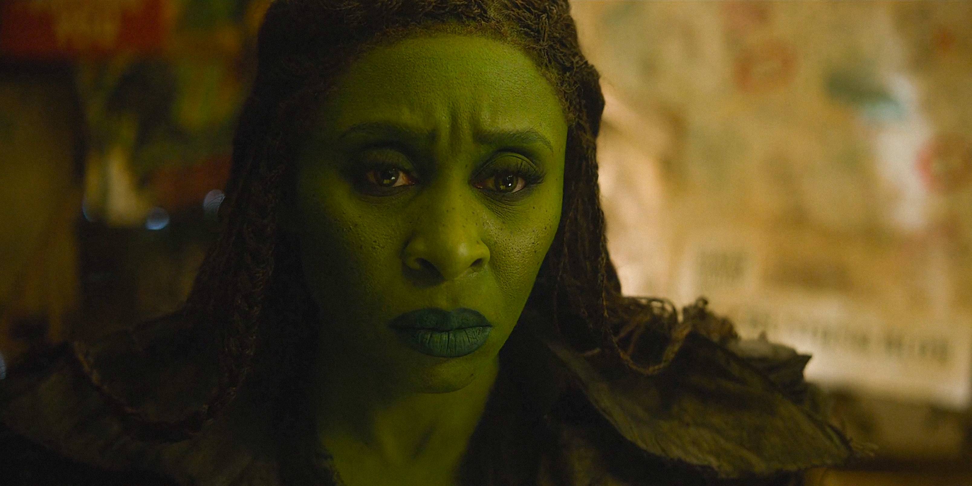 Elphaba (Cynthia Erivo) with a thoughtful frown in Wicked: For Good