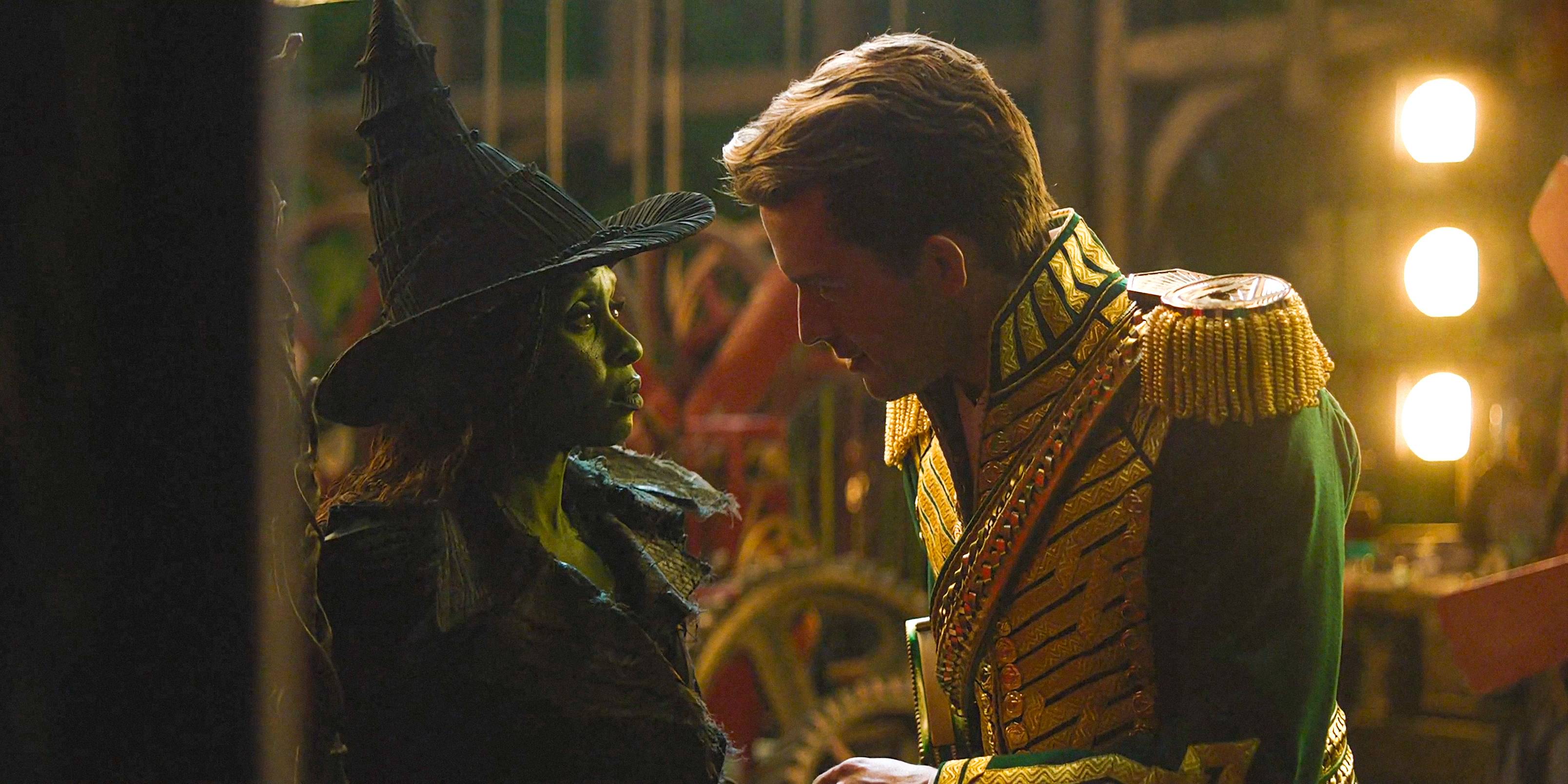 Fiyero (Jonathan Bailey) and Elphaba (Cynthia Erivo) staring into each other’s eyes up close in Wicked: For Good