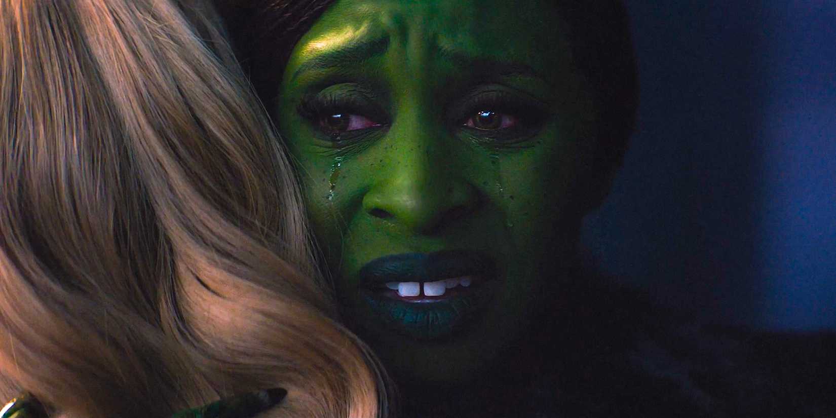 Elphaba (Cynthia Erivo) crying as she hugs Glinda in Wicked: For Good