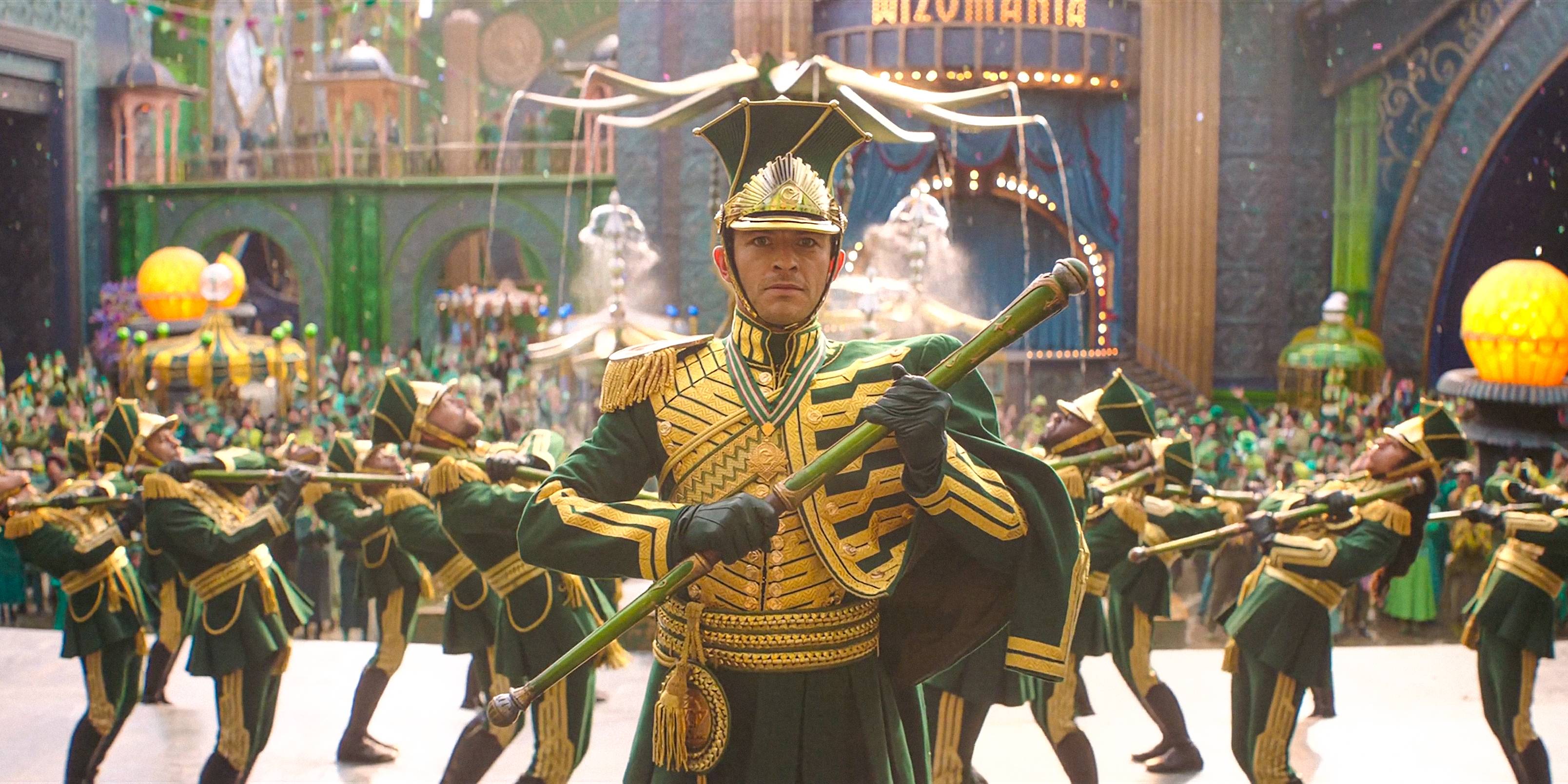 Fiyero (Jonathan Bailey) playing in a marching band in Wicked: For Good