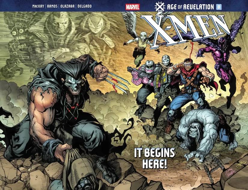 X-Men Age of Revelation #0 cover, futuristic X-Men including Wolverine leap into battle