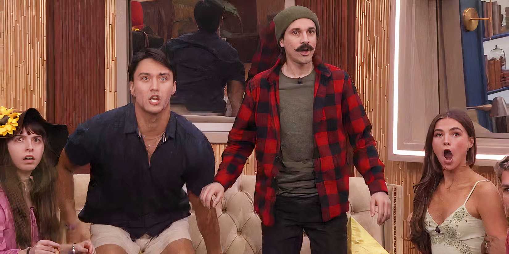 Big Brother's Zach Cornell and Vince Panaro with Ava Pearl and Lauren Domingue looking shocked